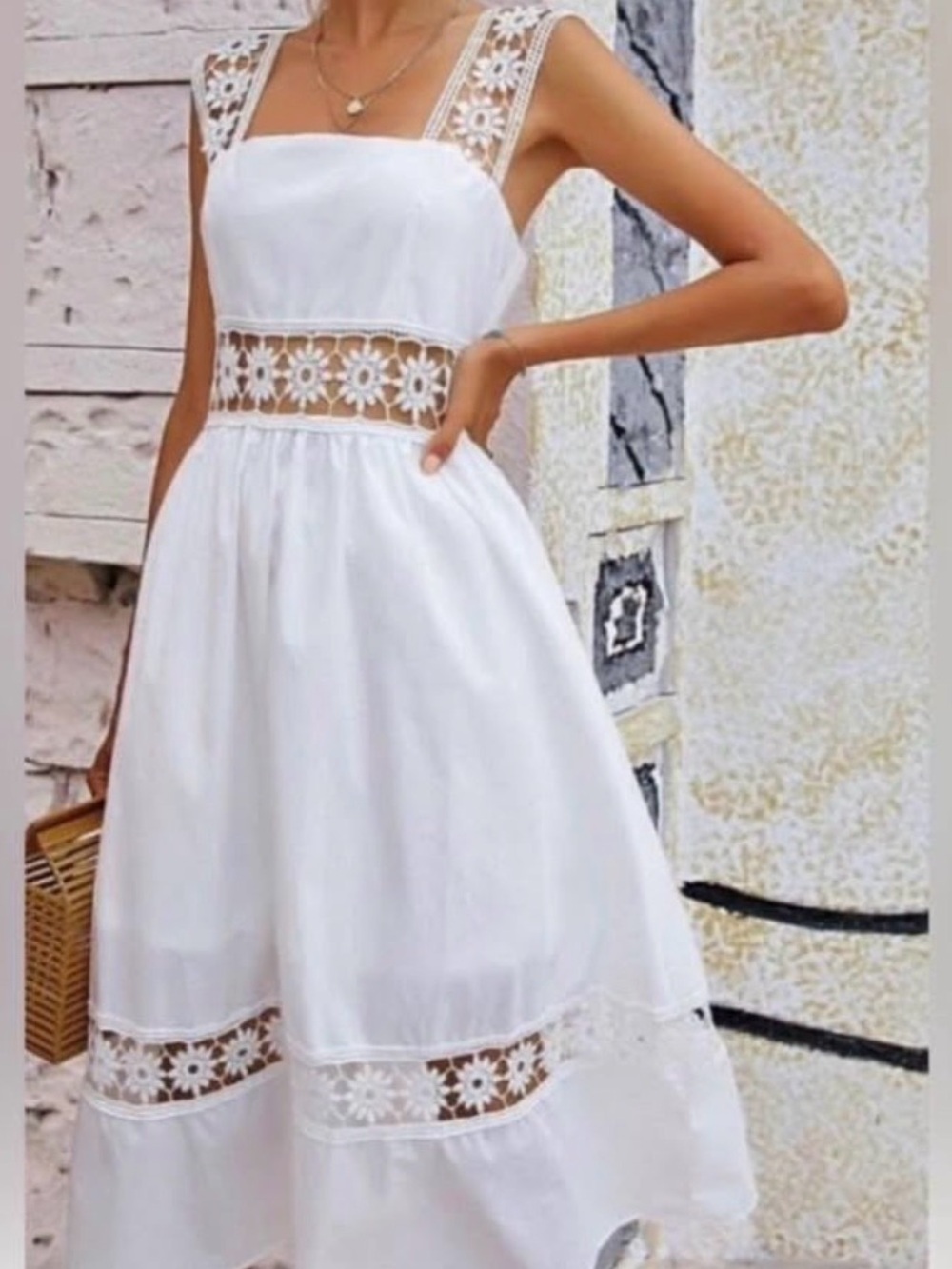 SHEIN White Lace-Trim Midi Sundress